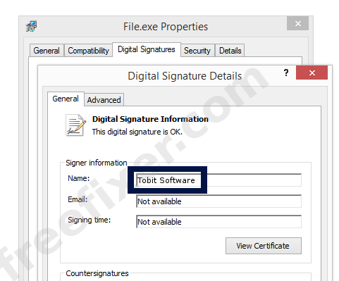 Screenshot of the Tobit Software certificate